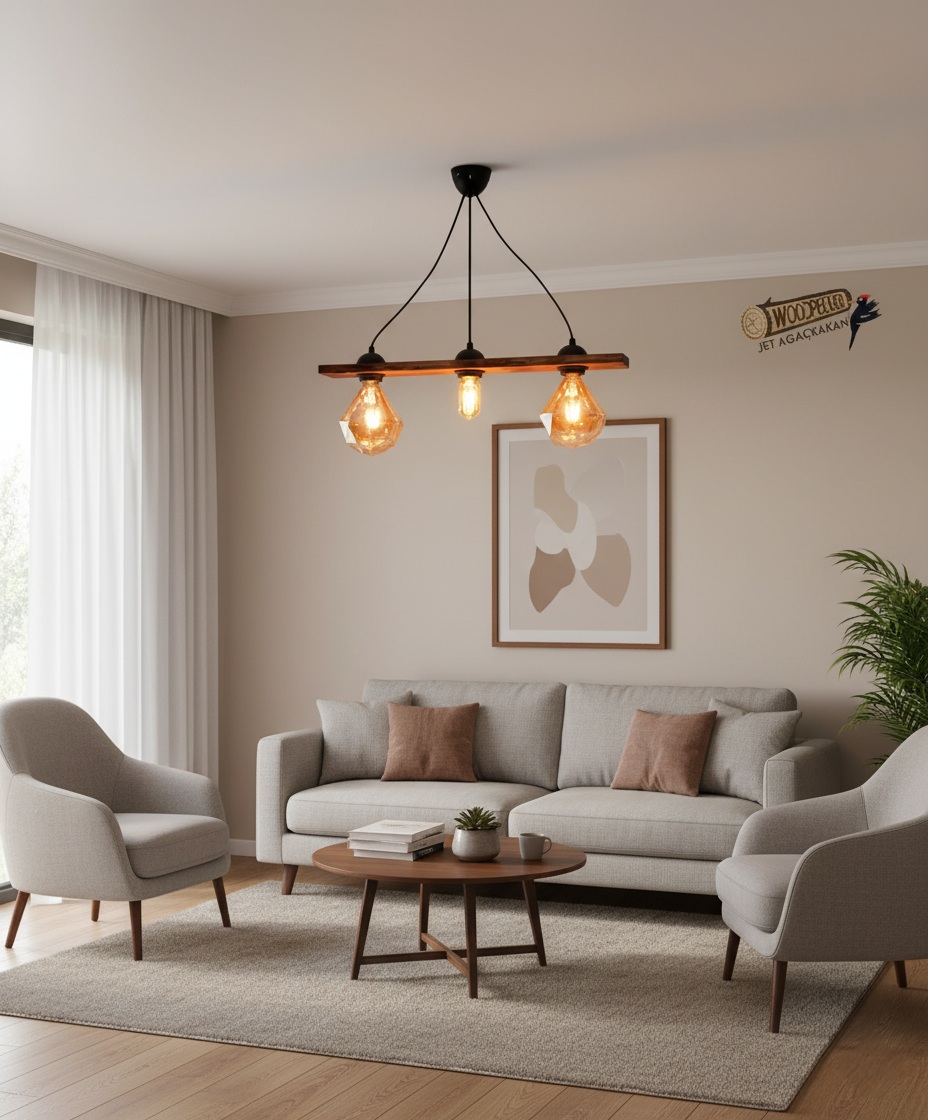 Ahşap 3’lü Avize – Endüstriyel Tasarım