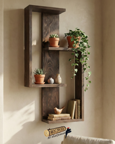 Geometrik Ahşap Duvar Rafı – Asimetrik Tasarım