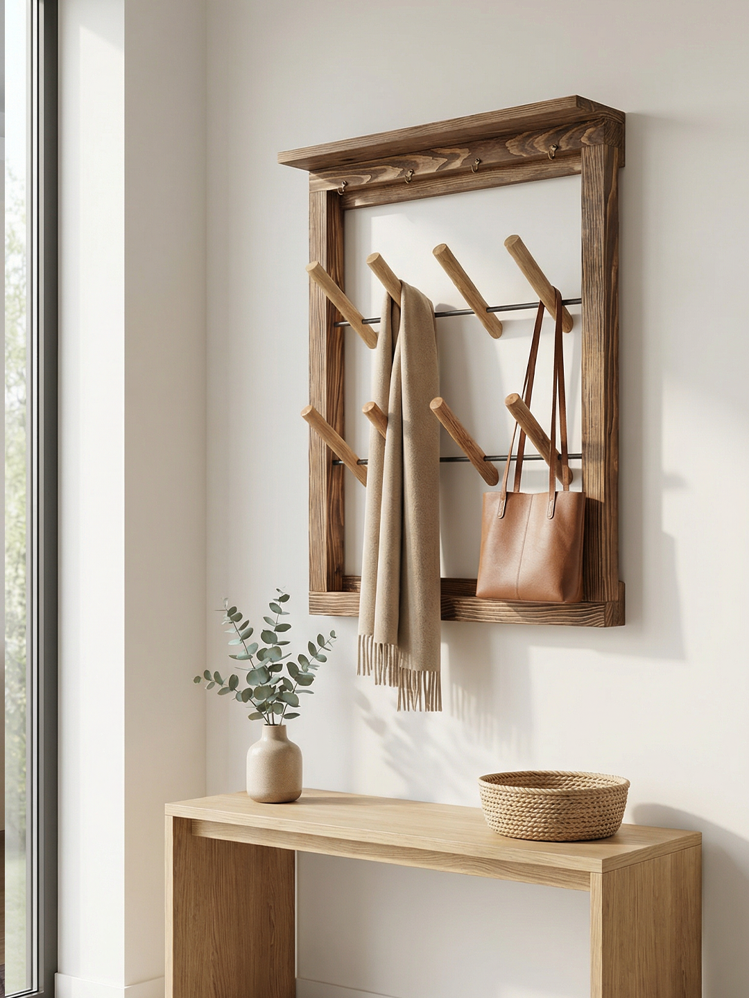 Ahşap Duvar Tipi Elbise Askısı Koyu Ceviz – Kaydırmalı Tasarım