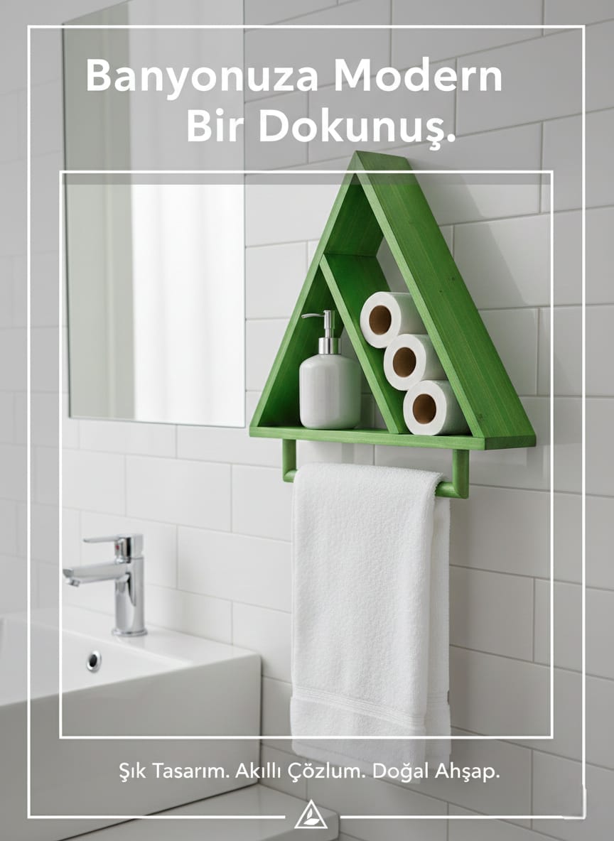 Ahşap Üçgen Duvar Rafı Ve Havluluk - Yeşil